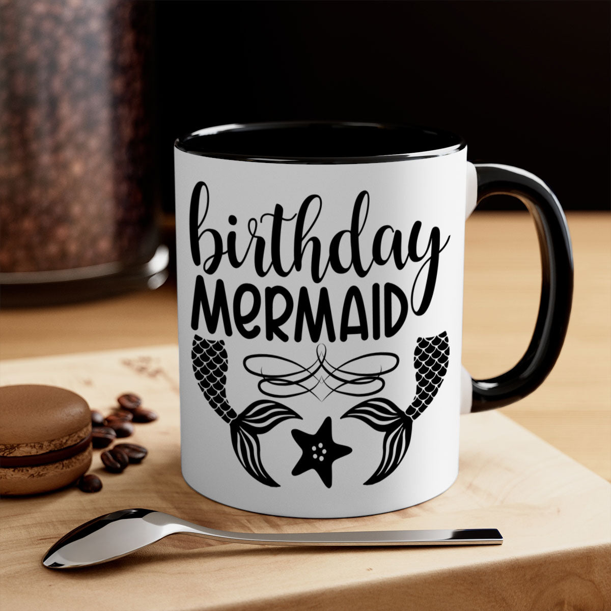 Birthday Mermaid Mug with colorful handle and glossy finish, available in multiple colors and sizes.