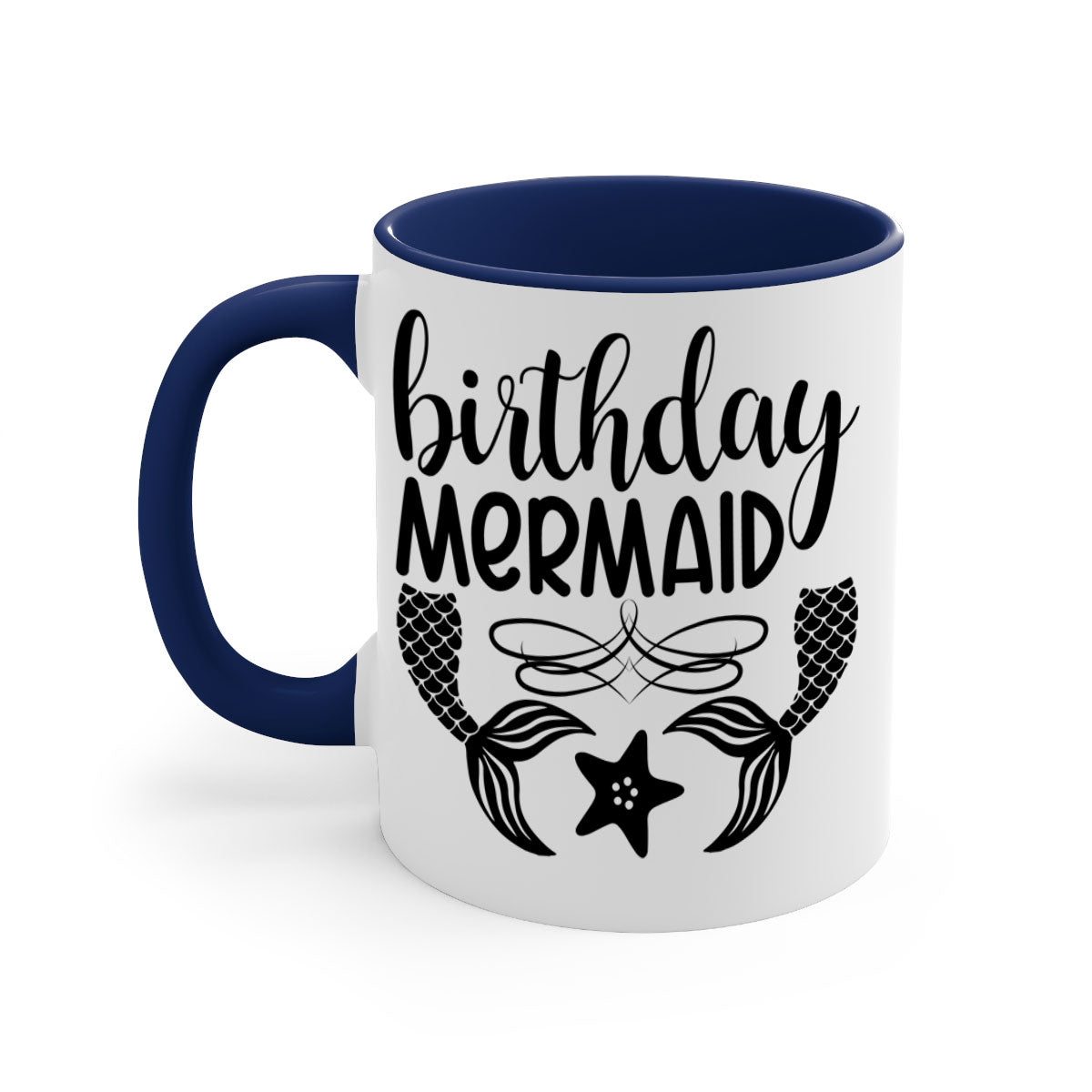 Birthday Mermaid Mug with colorful handle and glossy finish, available in multiple colors and sizes.