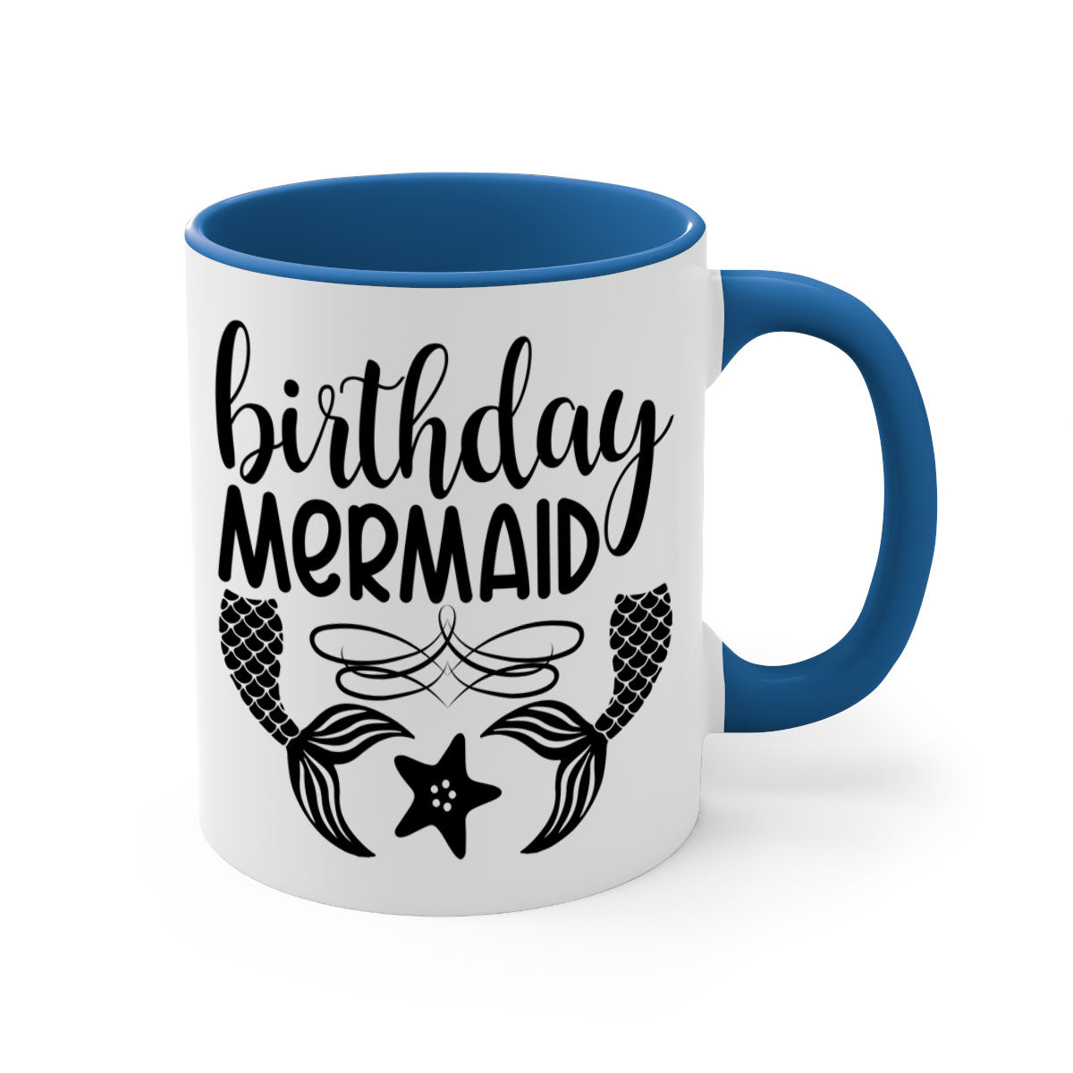 Birthday Mermaid Mug with colorful handle and glossy finish, available in multiple colors and sizes.