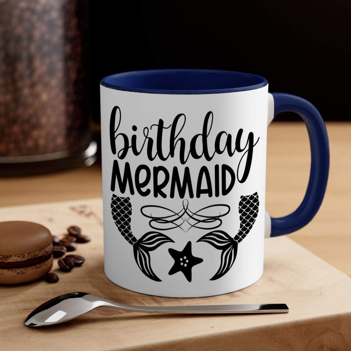 Birthday Mermaid Mug with colorful handle and glossy finish, available in multiple colors and sizes.