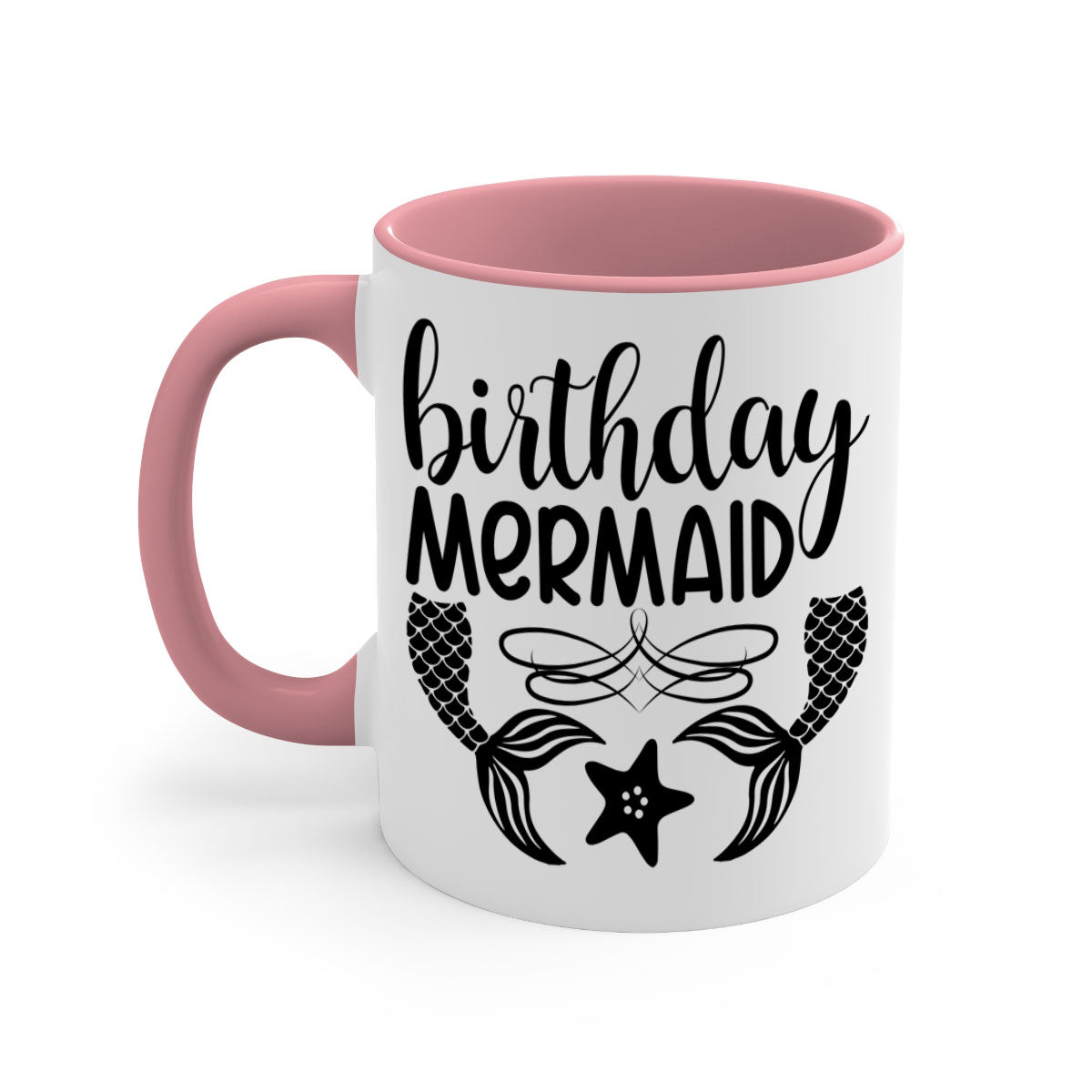 Birthday Mermaid Mug with colorful handle and glossy finish, available in multiple colors and sizes.