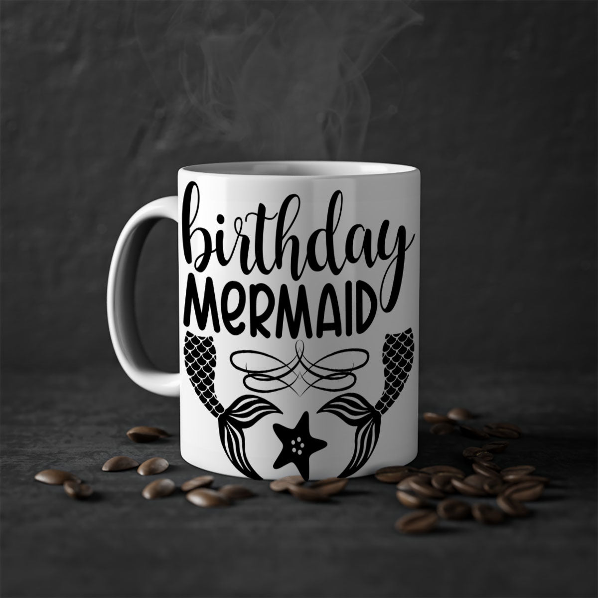 Birthday Mermaid Mug with colorful handle and glossy finish, available in multiple colors and sizes.