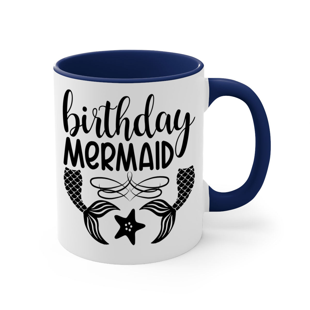 Birthday Mermaid Mug with colorful handle and glossy finish, available in multiple colors and sizes.