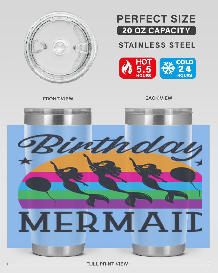 Birthday Mermaid 78# Tumbler featuring vibrant mermaid design, double wall vacuum stainless steel, and press-in drink-thru lid.