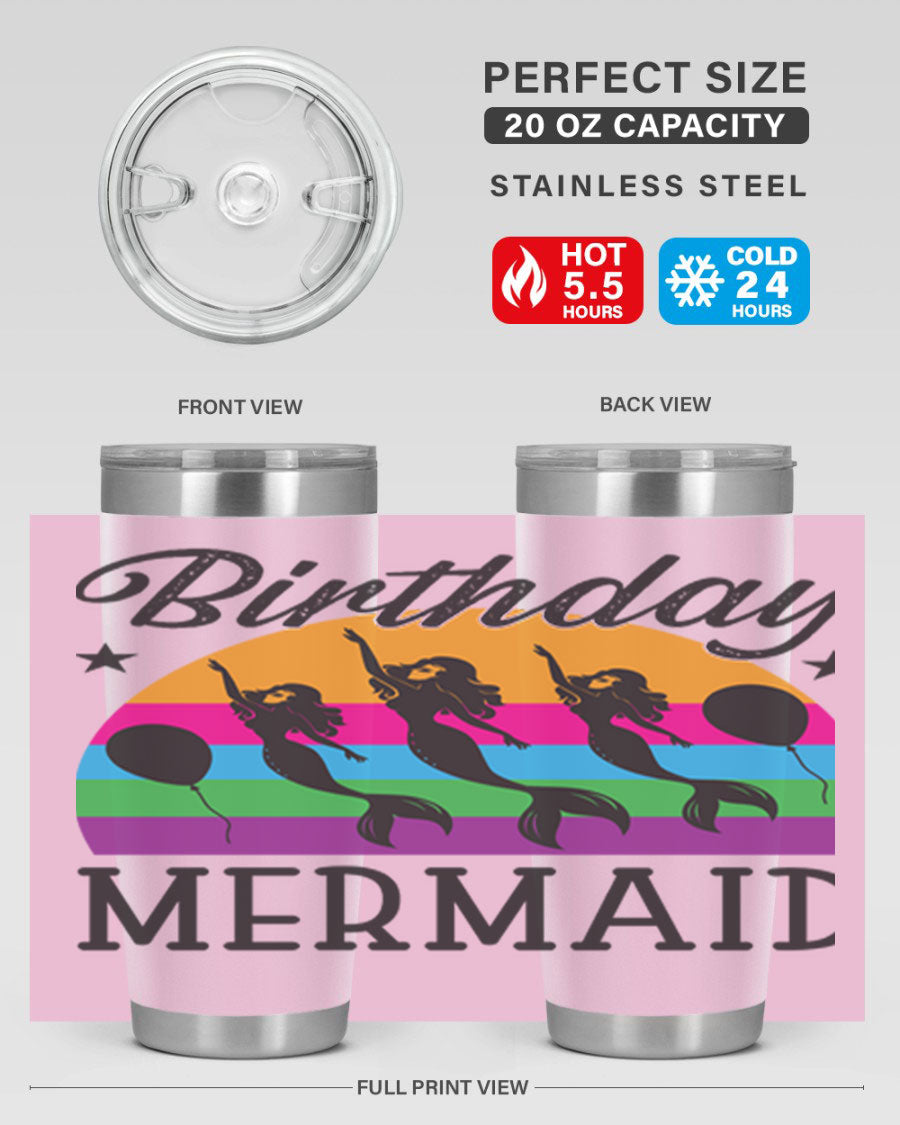 Birthday Mermaid 78# Tumbler featuring vibrant mermaid design, double wall vacuum stainless steel, and press-in drink-thru lid.