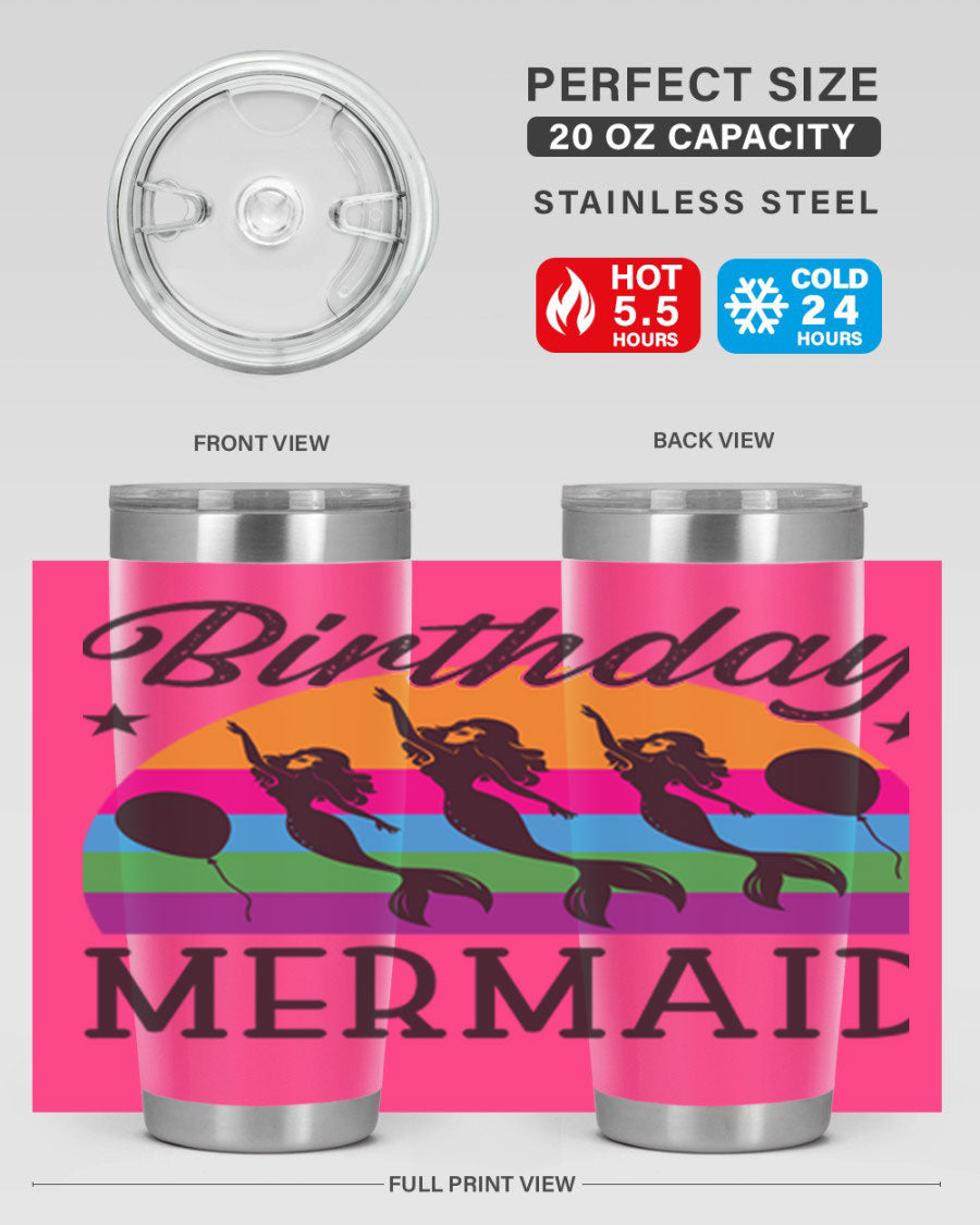 Birthday Mermaid 78# Tumbler featuring vibrant mermaid design, double wall vacuum stainless steel, and press-in drink-thru lid.