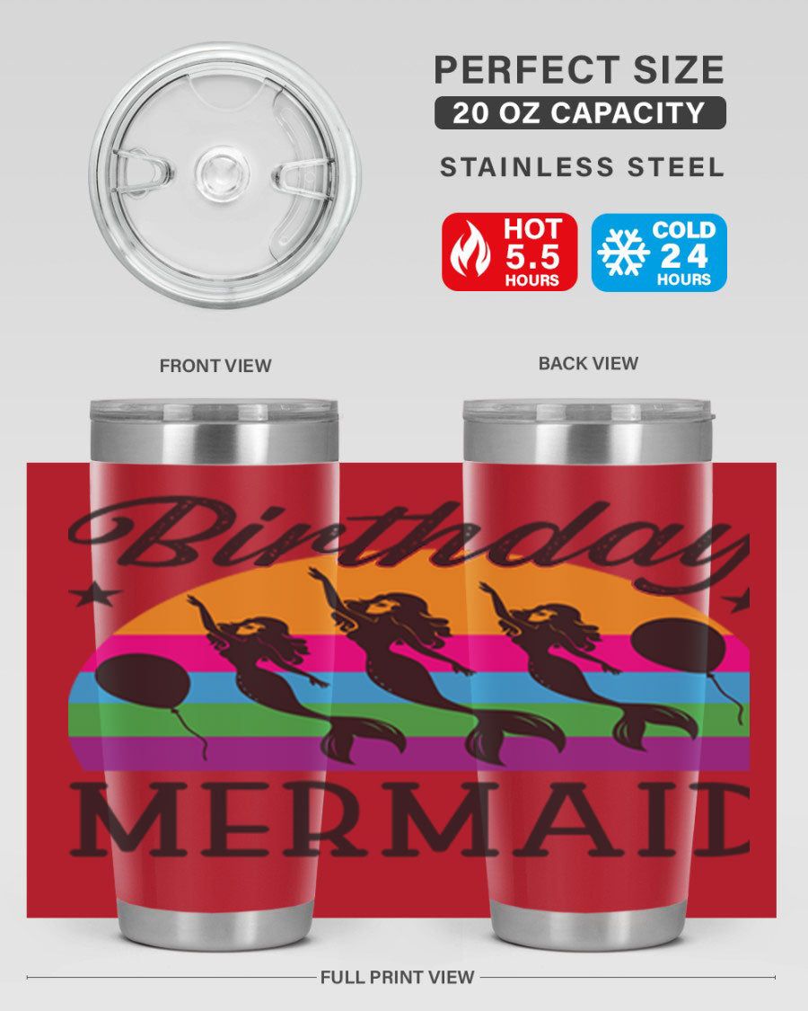 Birthday Mermaid 78# Tumbler featuring vibrant mermaid design, double wall vacuum stainless steel, and press-in drink-thru lid.