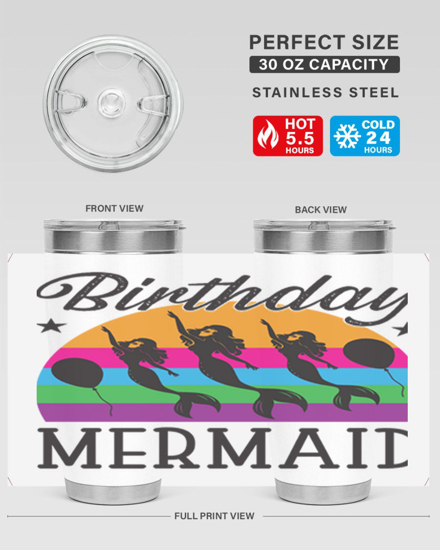 Birthday Mermaid 78# Tumbler featuring vibrant mermaid design, double wall vacuum stainless steel, and press-in drink-thru lid.