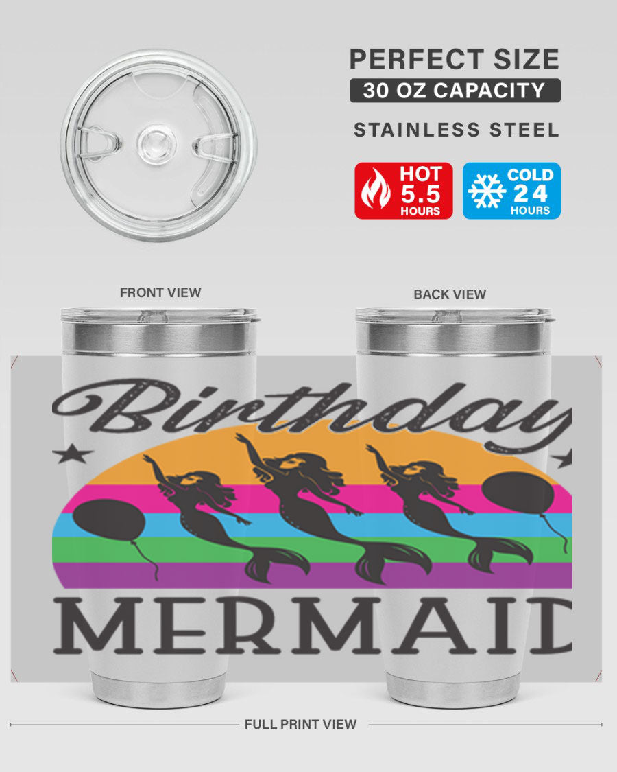 Birthday Mermaid 78# Tumbler featuring vibrant mermaid design, double wall vacuum stainless steel, and press-in drink-thru lid.