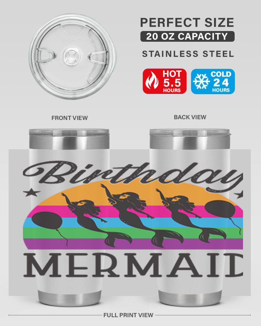 Birthday Mermaid 78# Tumbler featuring vibrant mermaid design, double wall vacuum stainless steel, and press-in drink-thru lid.