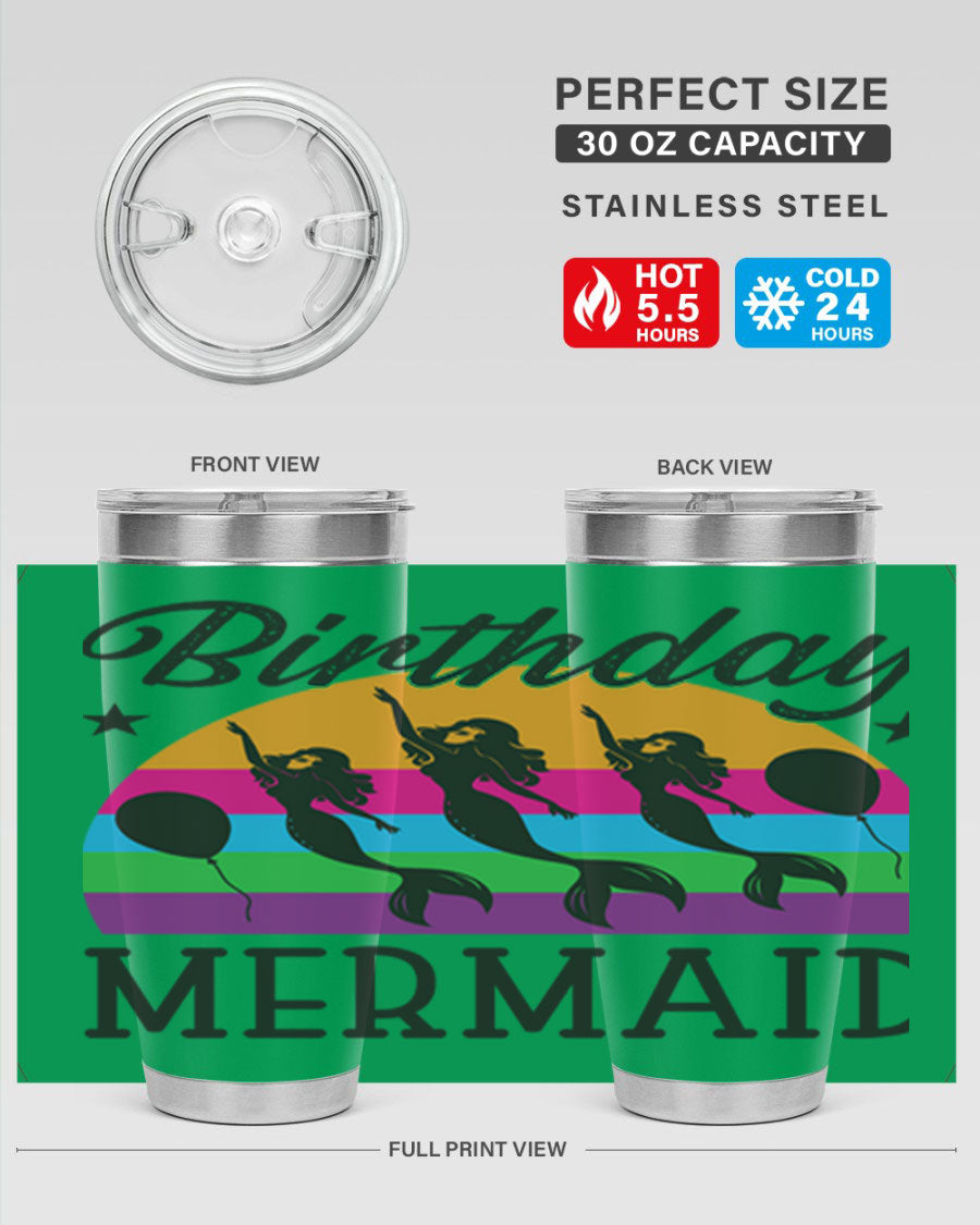 Birthday Mermaid 78# Tumbler featuring vibrant mermaid design, double wall vacuum stainless steel, and press-in drink-thru lid.