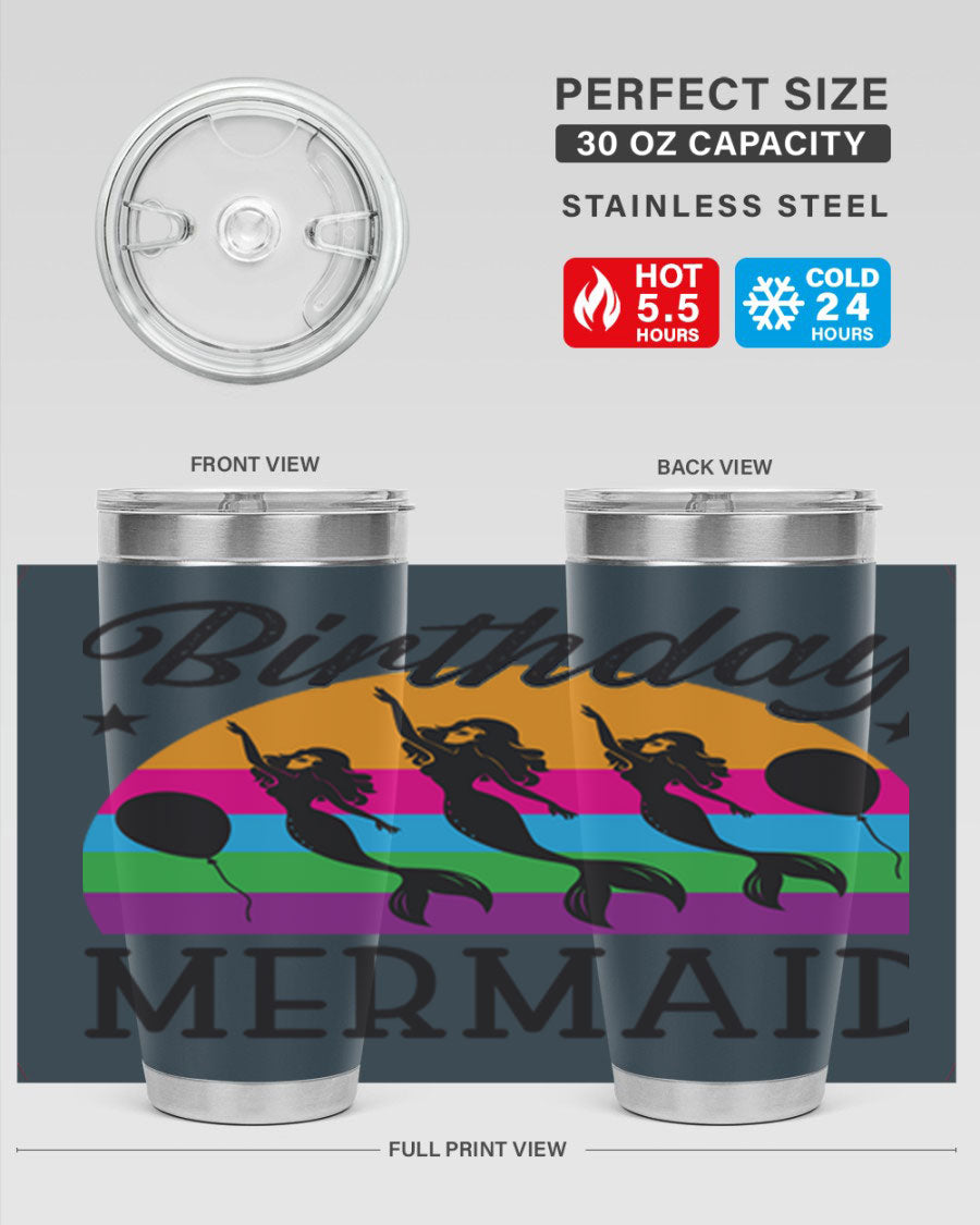 Birthday Mermaid 78# Tumbler featuring vibrant mermaid design, double wall vacuum stainless steel, and press-in drink-thru lid.