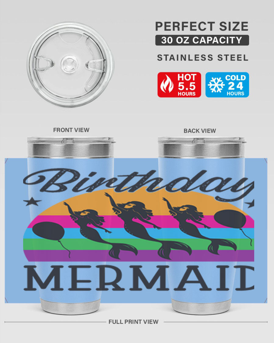 Birthday Mermaid 78# Tumbler featuring vibrant mermaid design, double wall vacuum stainless steel, and press-in drink-thru lid.