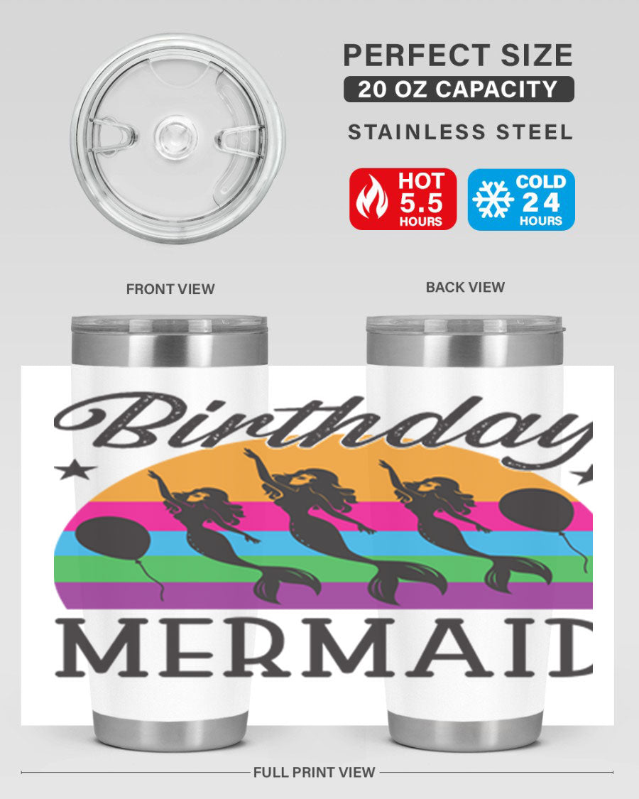 Birthday Mermaid 78# Tumbler featuring vibrant mermaid design, double wall vacuum stainless steel, and press-in drink-thru lid.