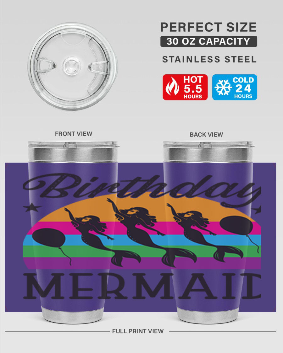 Birthday Mermaid 78# Tumbler featuring vibrant mermaid design, double wall vacuum stainless steel, and press-in drink-thru lid.