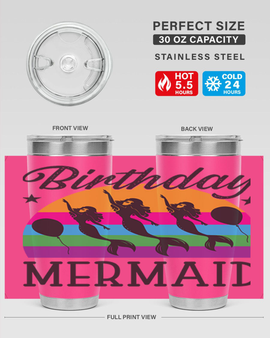 Birthday Mermaid 78# Tumbler featuring vibrant mermaid design, double wall vacuum stainless steel, and press-in drink-thru lid.