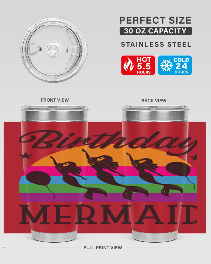 Birthday Mermaid 78# Tumbler featuring vibrant mermaid design, double wall vacuum stainless steel, and press-in drink-thru lid.