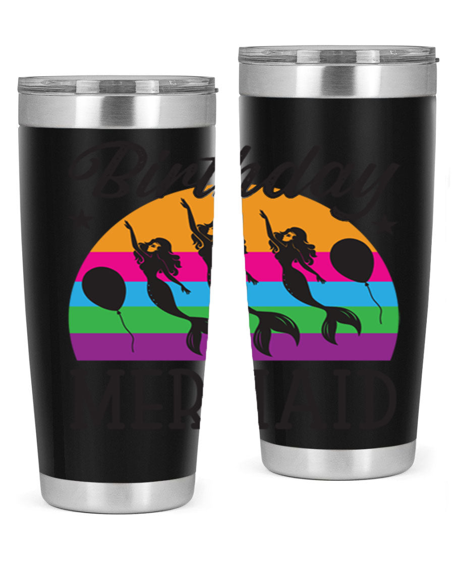 Birthday Mermaid 78# Tumbler featuring vibrant mermaid design, double wall vacuum stainless steel, and press-in drink-thru lid.