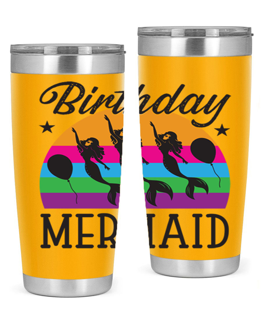 Birthday Mermaid 78# Tumbler featuring vibrant mermaid design, double wall vacuum stainless steel, and press-in drink-thru lid.