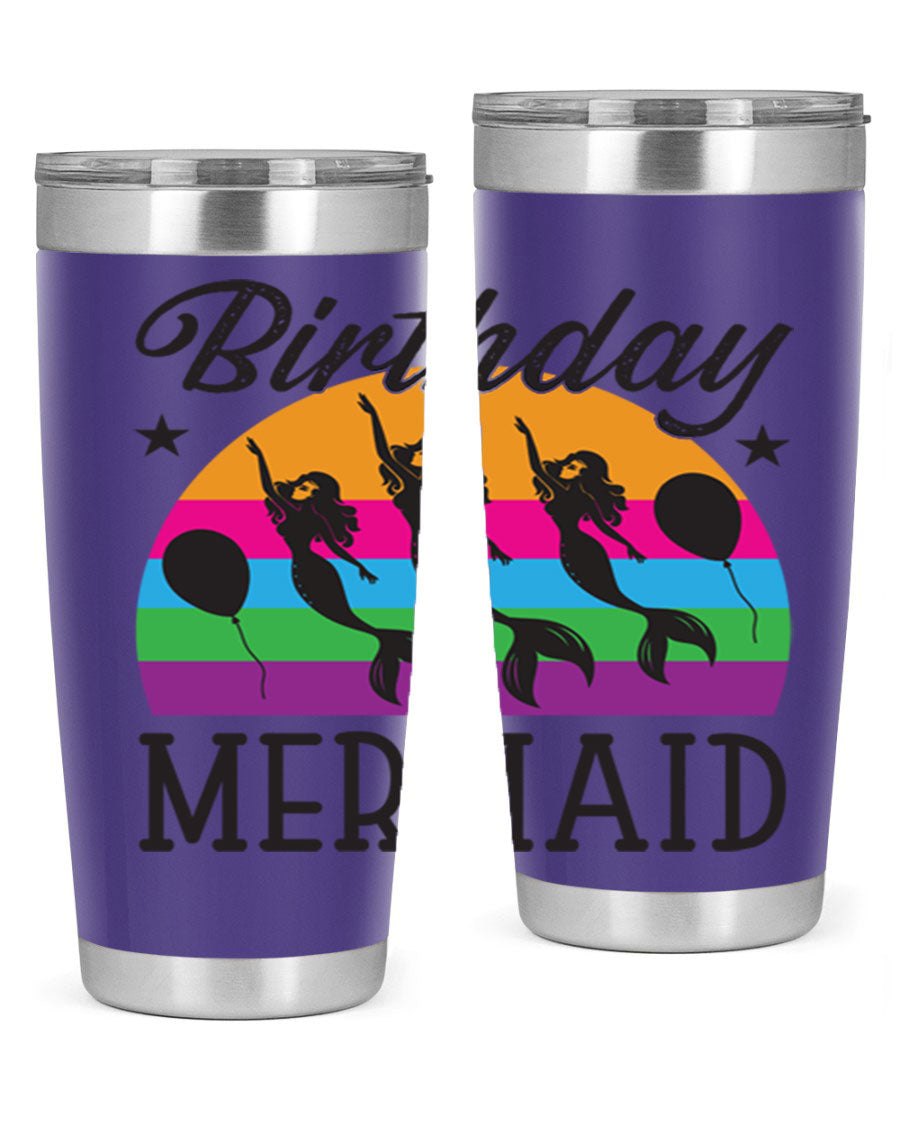 Birthday Mermaid 78# Tumbler featuring vibrant mermaid design, double wall vacuum stainless steel, and press-in drink-thru lid.