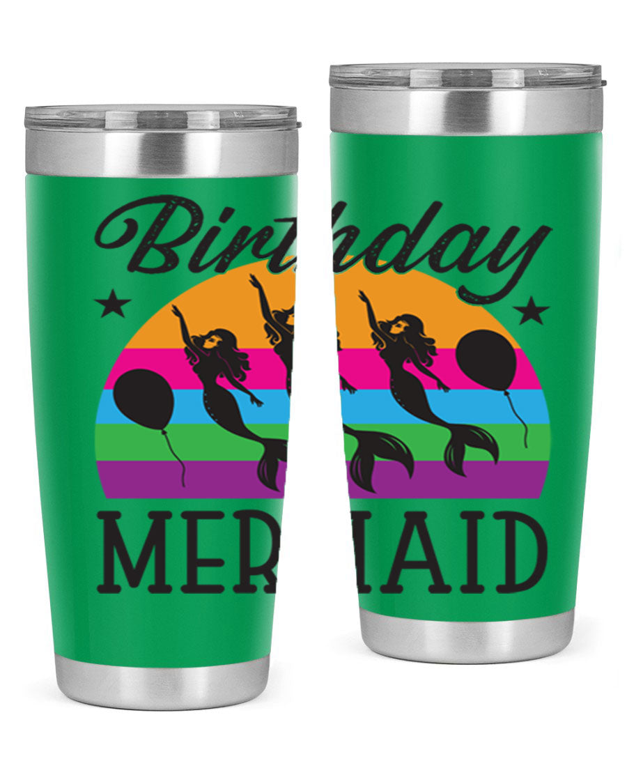 Birthday Mermaid 78# Tumbler featuring vibrant mermaid design, double wall vacuum stainless steel, and press-in drink-thru lid.