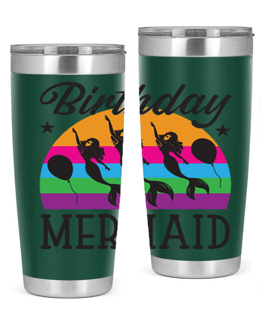 Birthday Mermaid 78# Tumbler featuring vibrant mermaid design, double wall vacuum stainless steel, and press-in drink-thru lid.