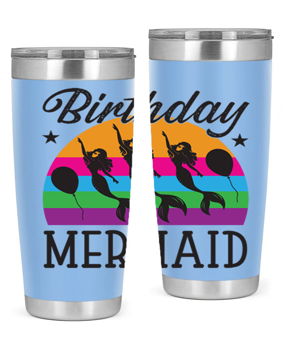 Birthday Mermaid 78# Tumbler featuring vibrant mermaid design, double wall vacuum stainless steel, and press-in drink-thru lid.