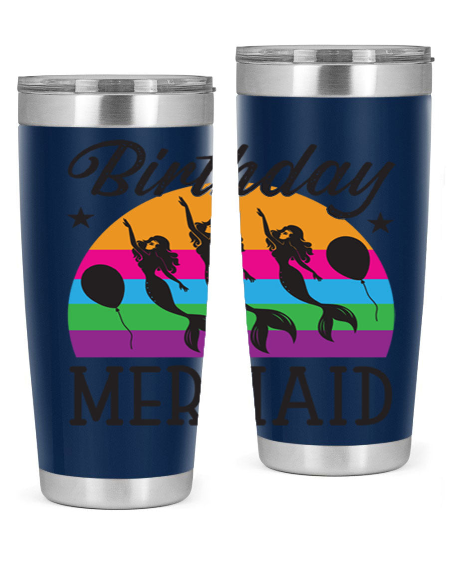 Birthday Mermaid 78# Tumbler featuring vibrant mermaid design, double wall vacuum stainless steel, and press-in drink-thru lid.