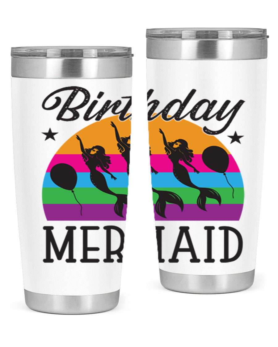 Birthday Mermaid 78# Tumbler featuring vibrant mermaid design, double wall vacuum stainless steel, and press-in drink-thru lid.