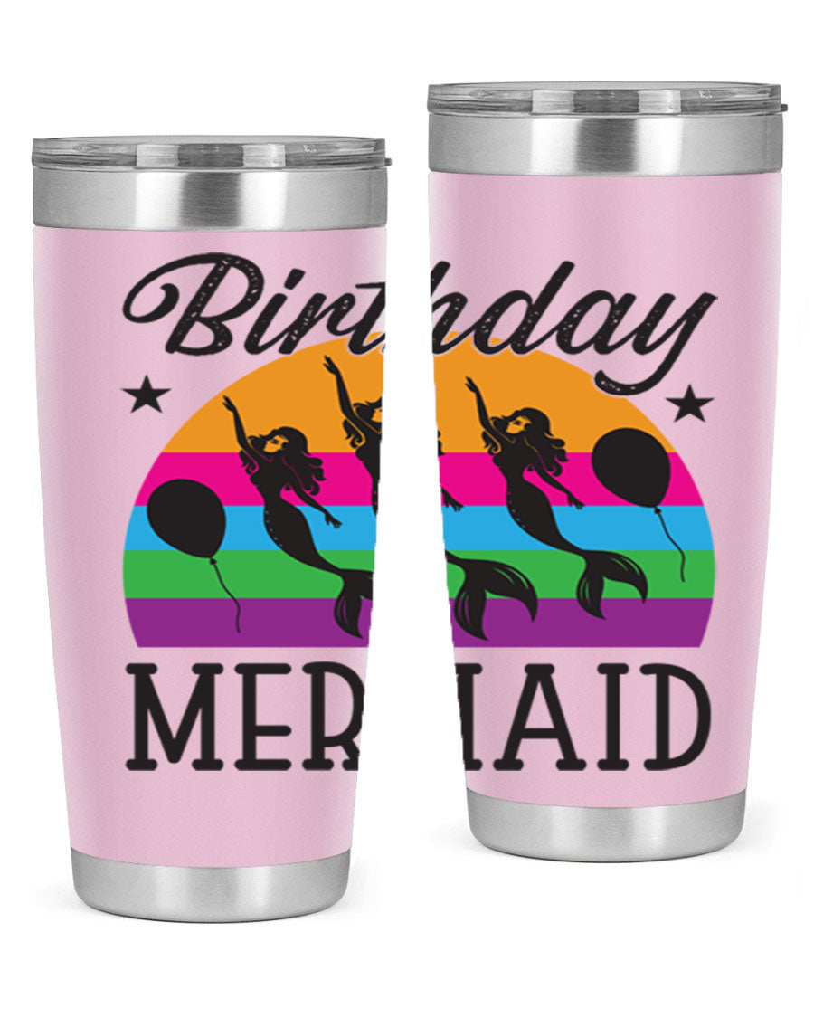 Birthday Mermaid 78# Tumbler featuring vibrant mermaid design, double wall vacuum stainless steel, and press-in drink-thru lid.