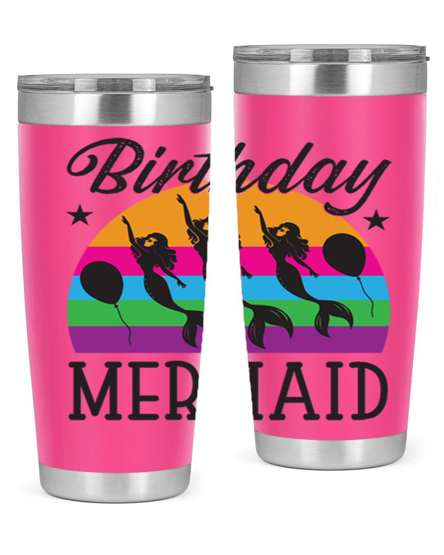 Birthday Mermaid 78# Tumbler featuring vibrant mermaid design, double wall vacuum stainless steel, and press-in drink-thru lid.