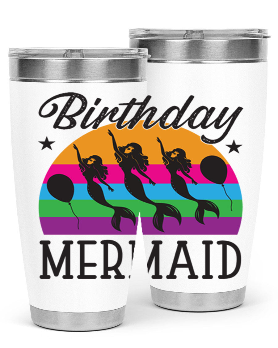 Birthday Mermaid 78# Tumbler featuring vibrant mermaid design, double wall vacuum stainless steel, and press-in drink-thru lid.