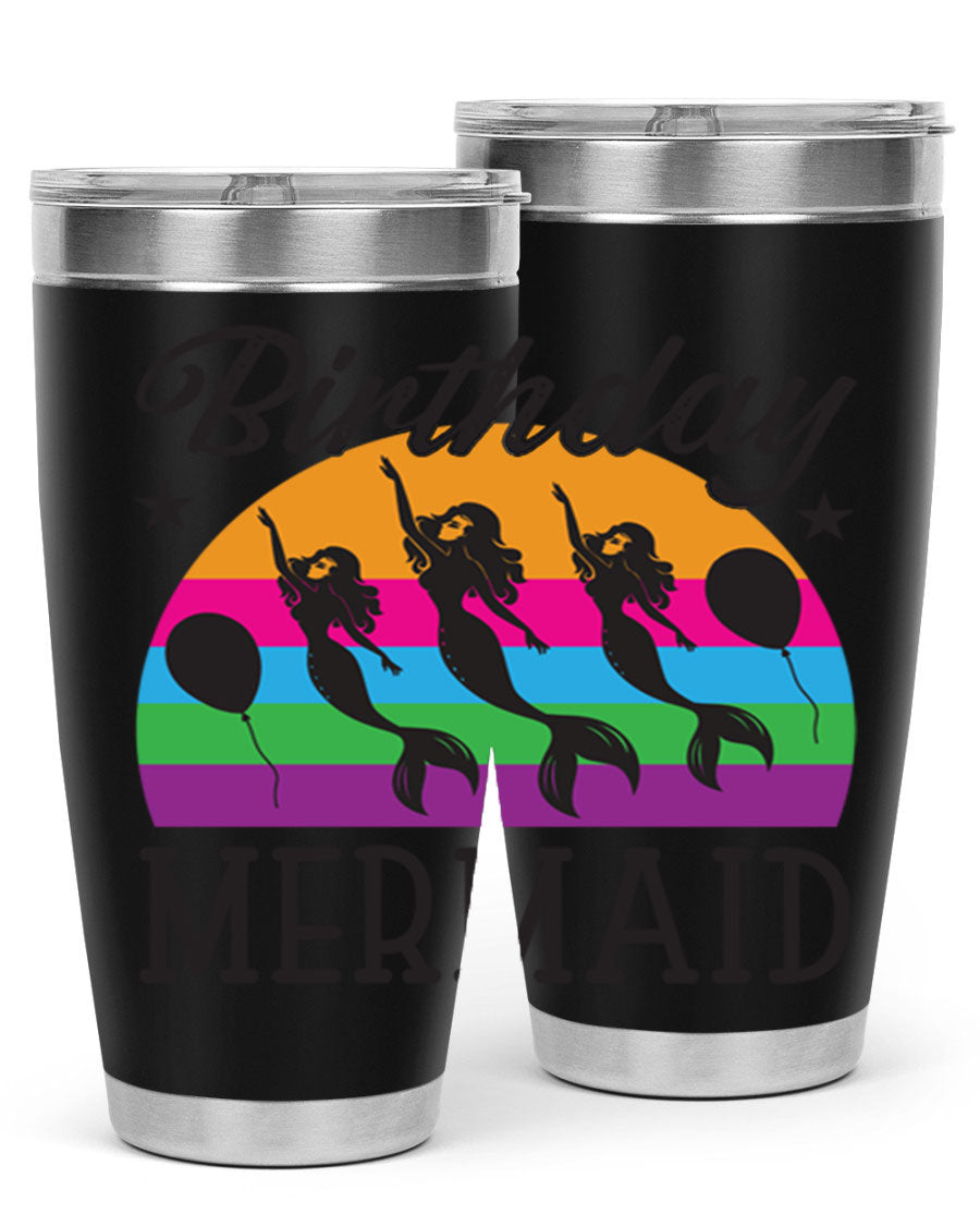 Birthday Mermaid 78# Tumbler featuring vibrant mermaid design, double wall vacuum stainless steel, and press-in drink-thru lid.