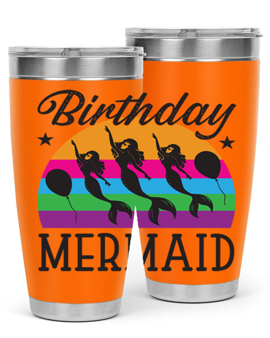 Birthday Mermaid 78# Tumbler featuring vibrant mermaid design, double wall vacuum stainless steel, and press-in drink-thru lid.