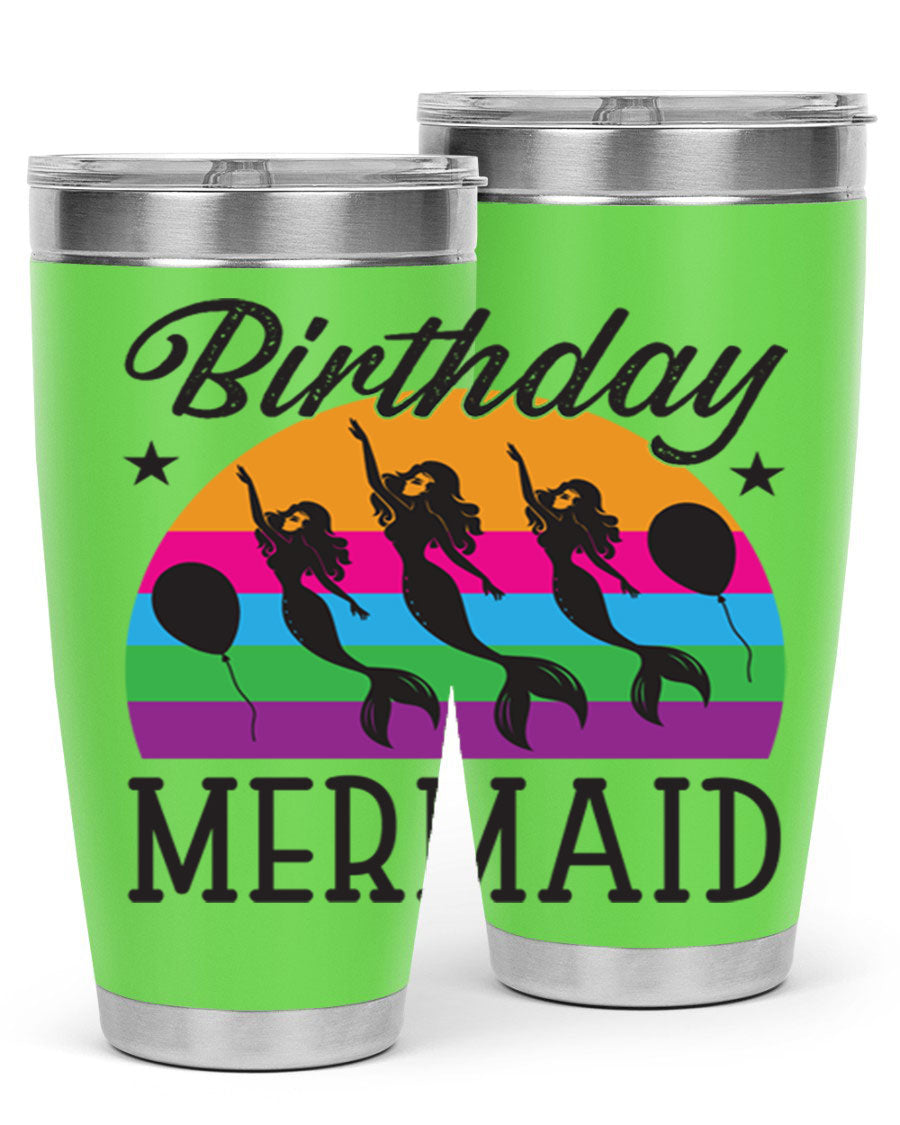 Birthday Mermaid 78# Tumbler featuring vibrant mermaid design, double wall vacuum stainless steel, and press-in drink-thru lid.