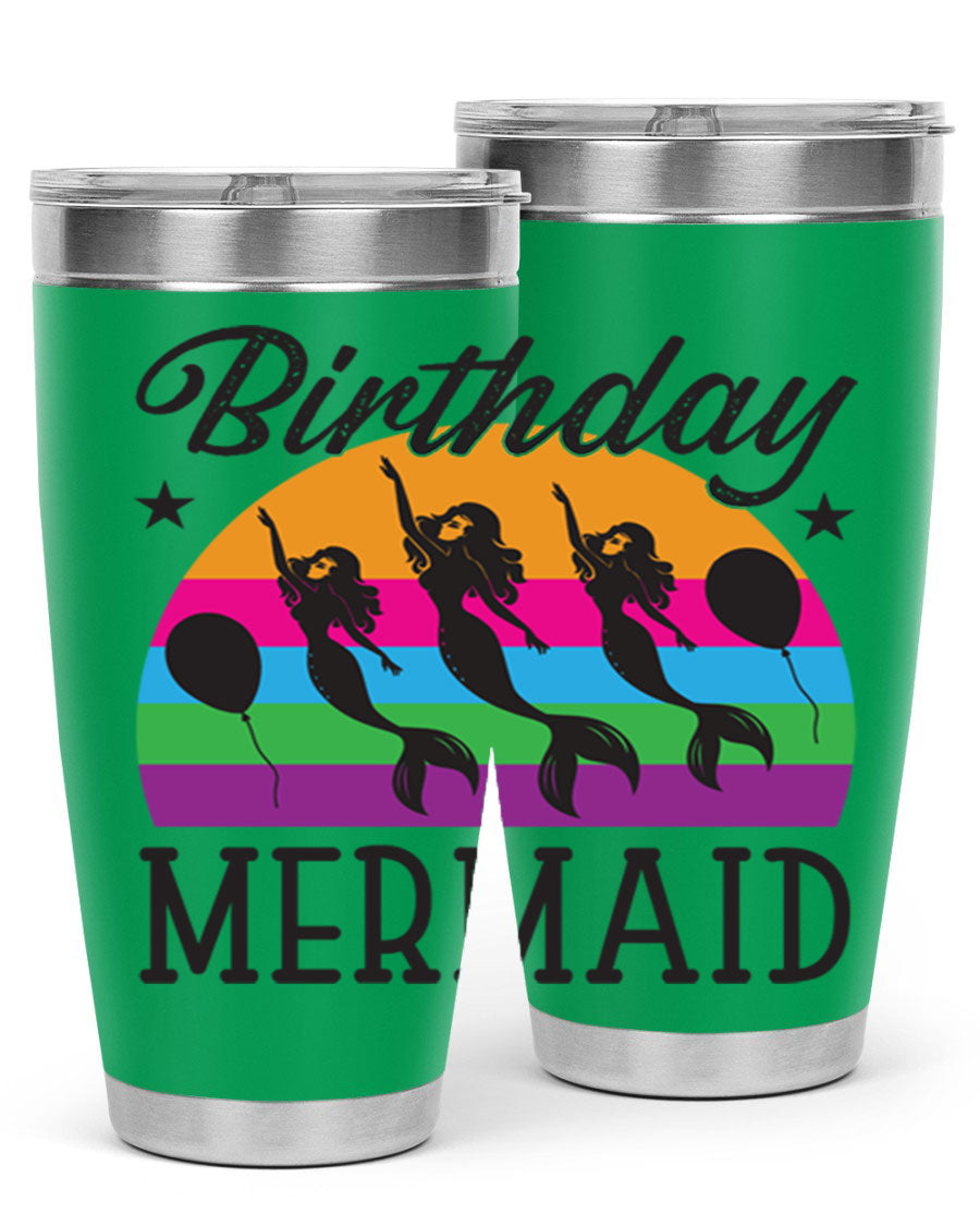 Birthday Mermaid 78# Tumbler featuring vibrant mermaid design, double wall vacuum stainless steel, and press-in drink-thru lid.