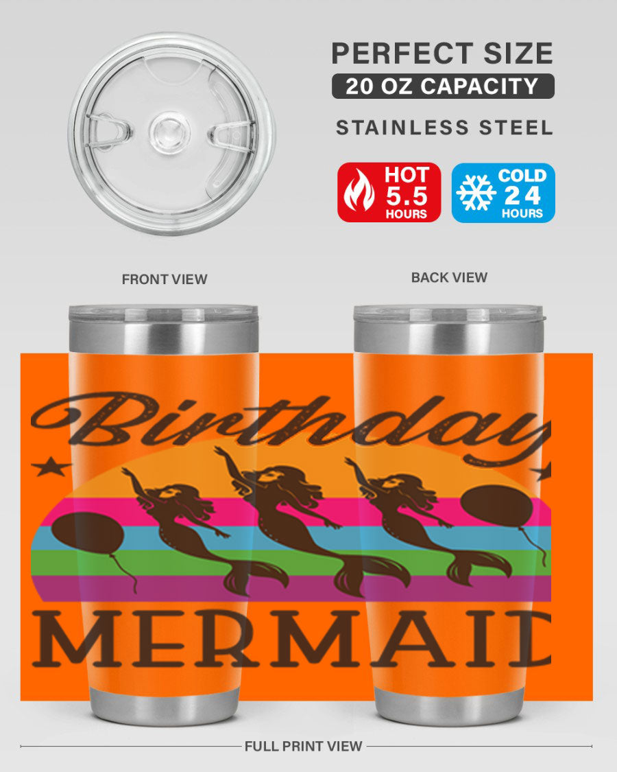 Birthday Mermaid 78# Tumbler featuring vibrant mermaid design, double wall vacuum stainless steel, and press-in drink-thru lid.