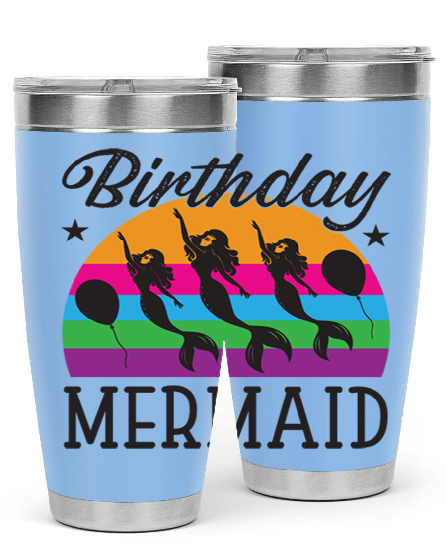 Birthday Mermaid 78# Tumbler featuring vibrant mermaid design, double wall vacuum stainless steel, and press-in drink-thru lid.