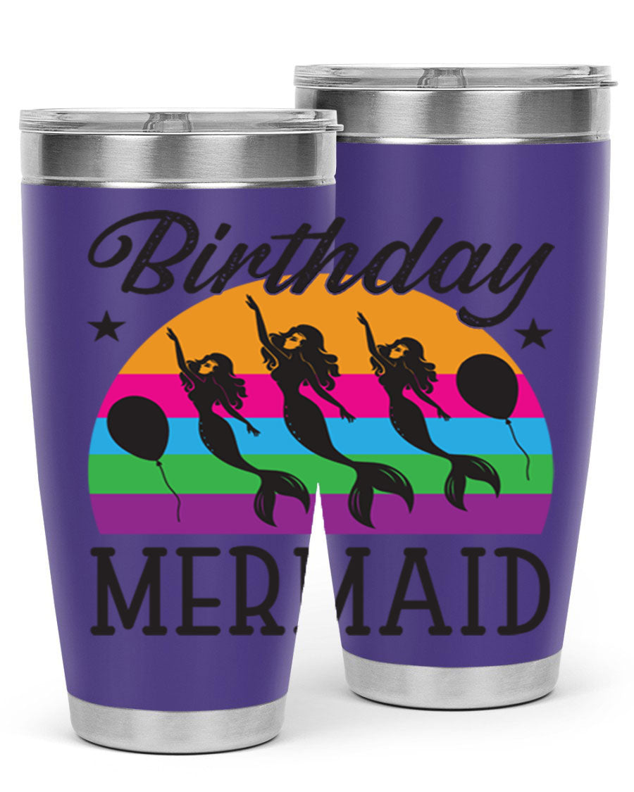 Birthday Mermaid 78# Tumbler featuring vibrant mermaid design, double wall vacuum stainless steel, and press-in drink-thru lid.