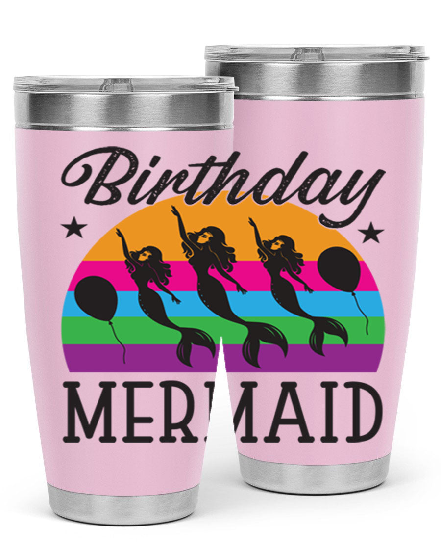 Birthday Mermaid 78# Tumbler featuring vibrant mermaid design, double wall vacuum stainless steel, and press-in drink-thru lid.