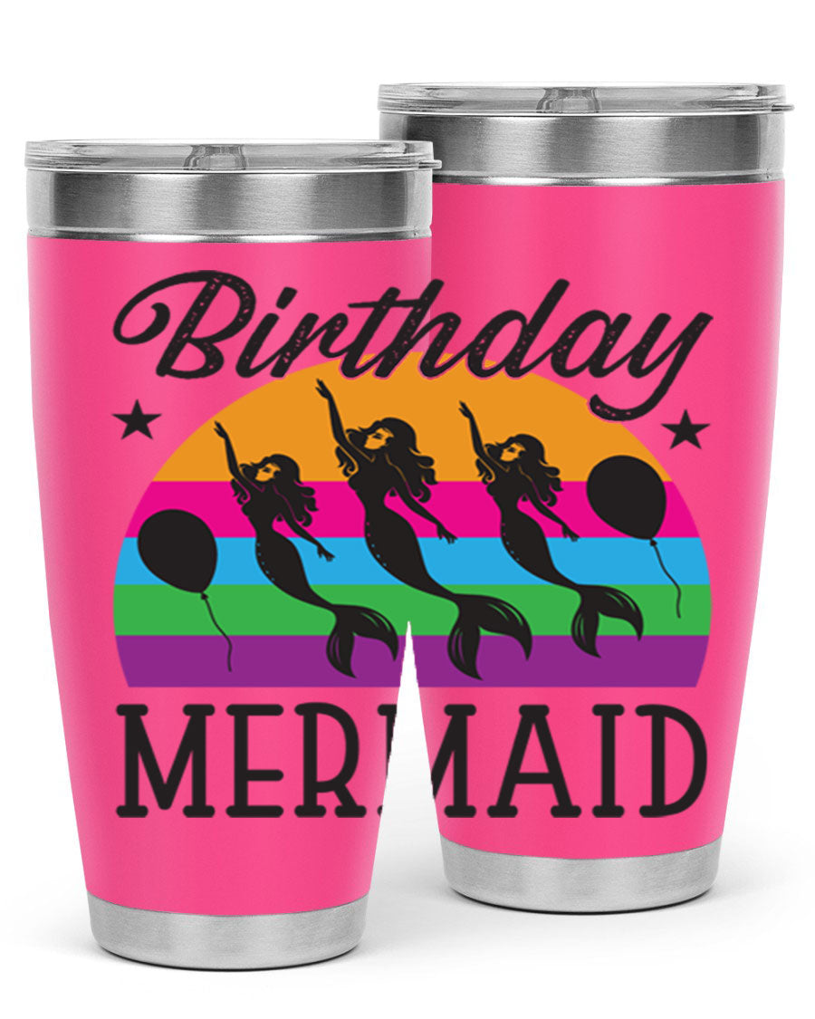 Birthday Mermaid 78# Tumbler featuring vibrant mermaid design, double wall vacuum stainless steel, and press-in drink-thru lid.