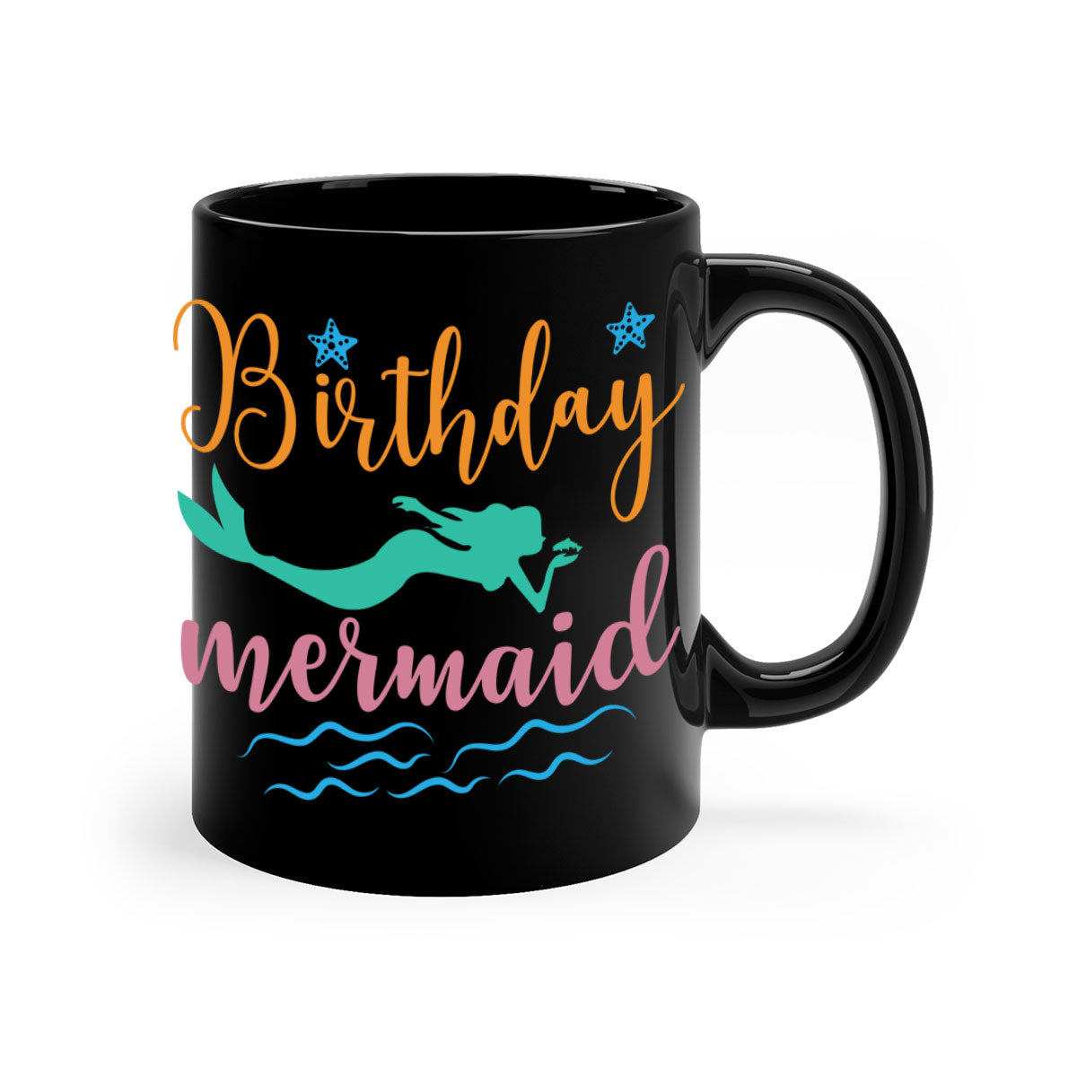 Birthday Mermaid Design Mug featuring a glossy finish and colorful handle, perfect for coffee or tea.