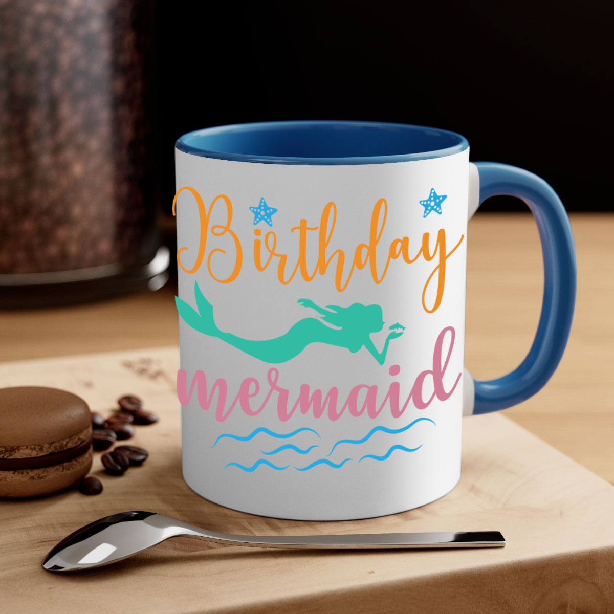 Birthday Mermaid Design Mug featuring a glossy finish and colorful handle, perfect for coffee or tea.