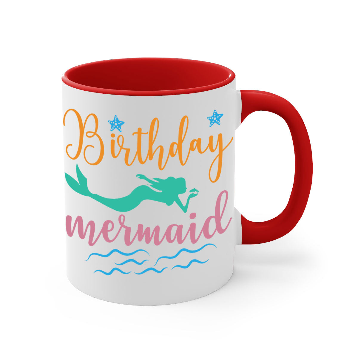 Birthday Mermaid Design Mug featuring a glossy finish and colorful handle, perfect for coffee or tea.