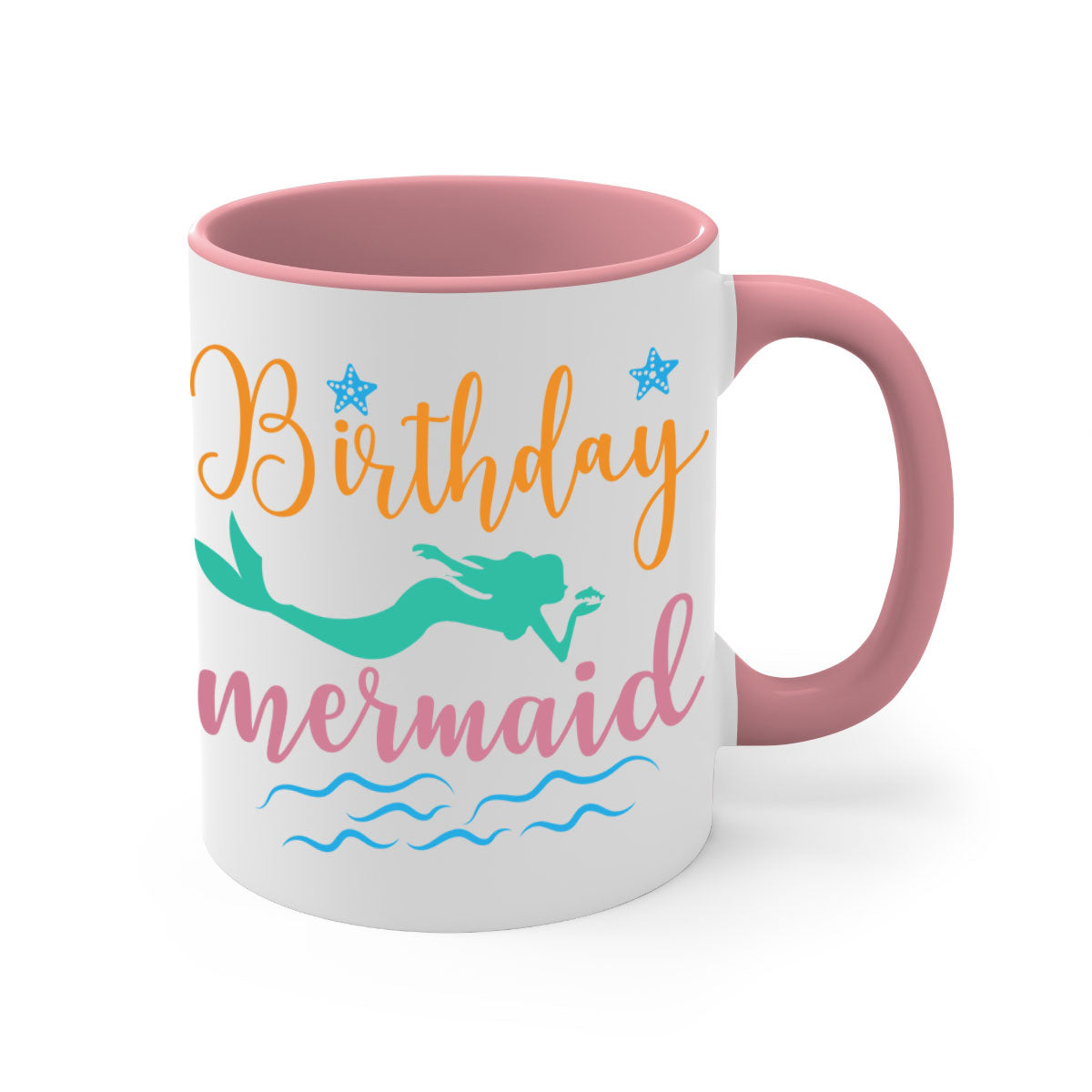 Birthday Mermaid Design Mug featuring a glossy finish and colorful handle, perfect for coffee or tea.