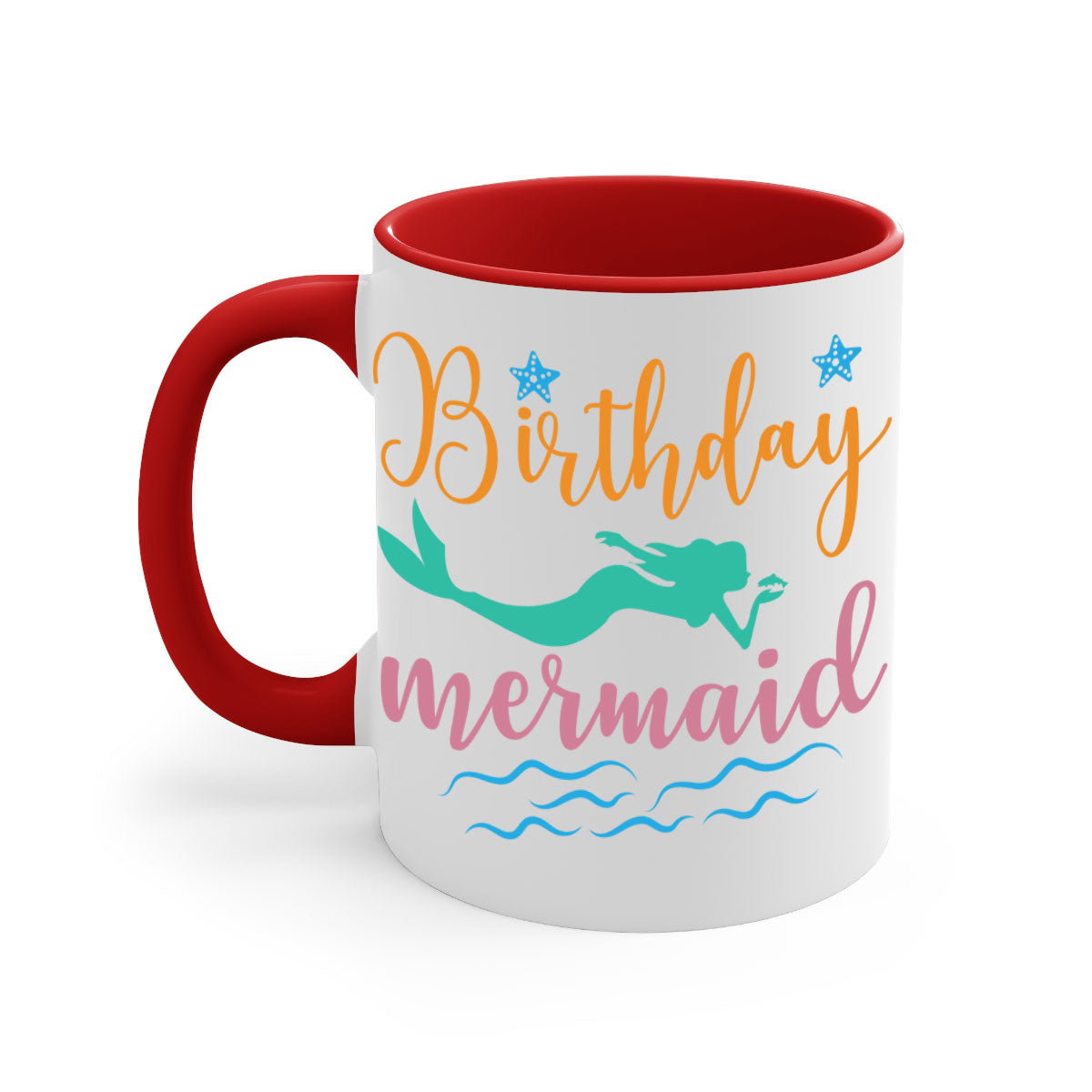 Birthday Mermaid Design Mug featuring a glossy finish and colorful handle, perfect for coffee or tea.