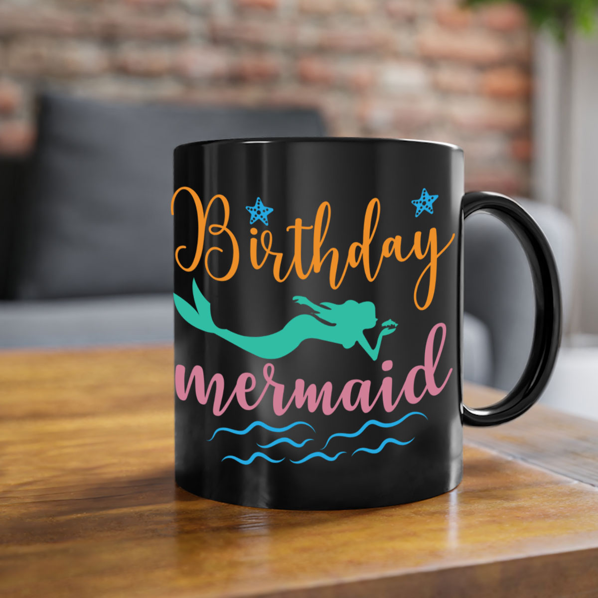 Birthday Mermaid Design Mug featuring a glossy finish and colorful handle, perfect for coffee or tea.