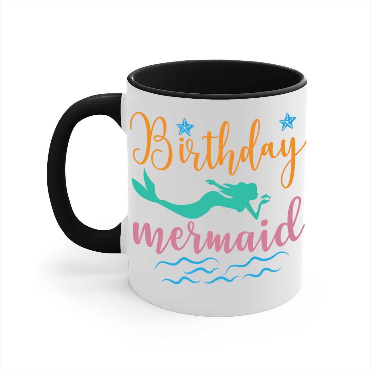 Birthday Mermaid Design Mug featuring a glossy finish and colorful handle, perfect for coffee or tea.