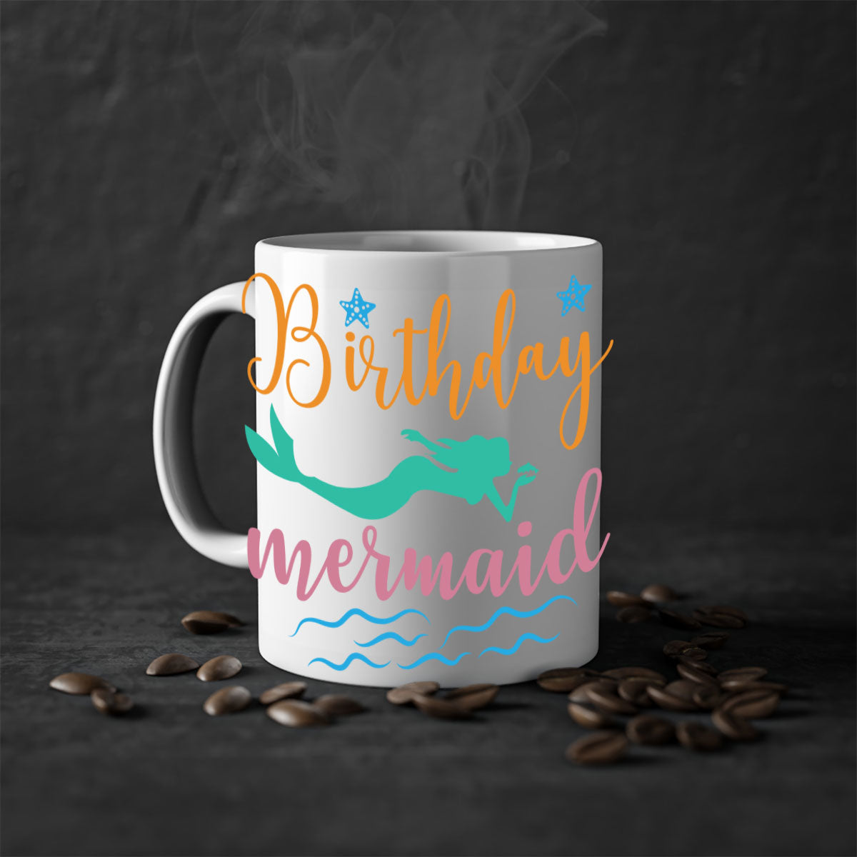 Birthday Mermaid Design Mug featuring a glossy finish and colorful handle, perfect for coffee or tea.