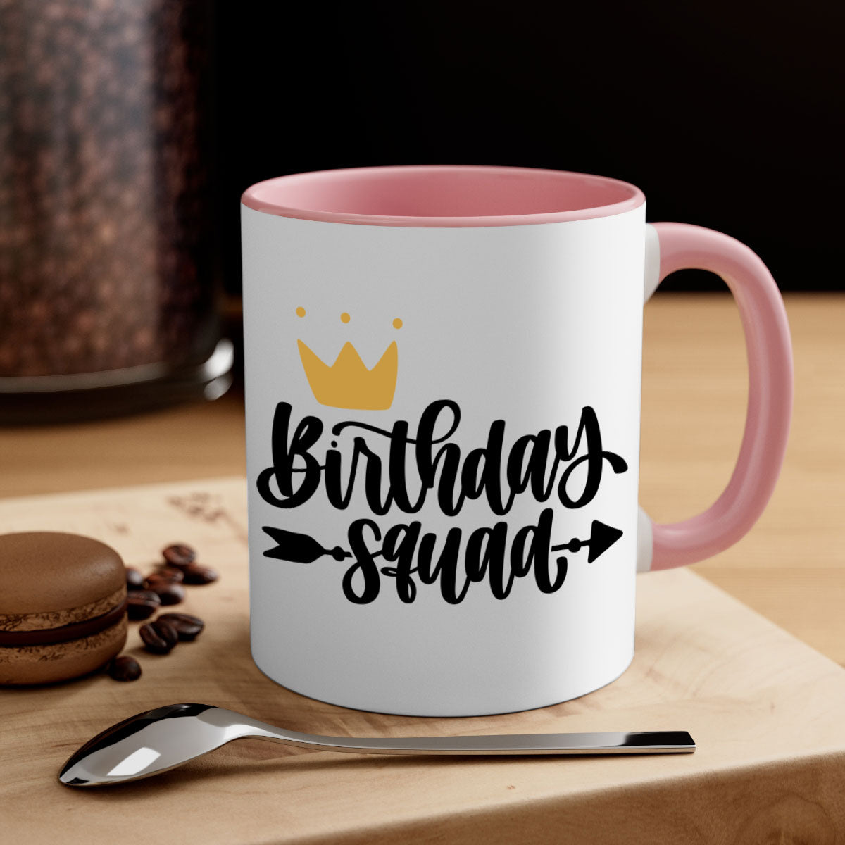 Birthday Squad Style 6# Mug with colorful handle and glossy finish, available in multiple colors and sizes.